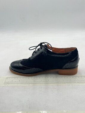 Black Women's Perforated Lace-Up Oxfords Almond Toe Chunky Heel Brogues Shoes